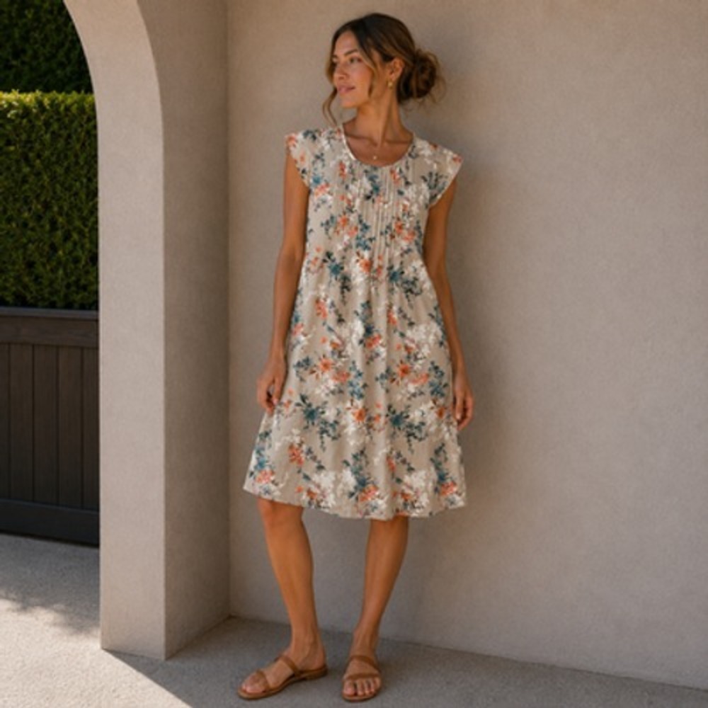 Floral Pintuck Cap-Sleeve Dress in Cream